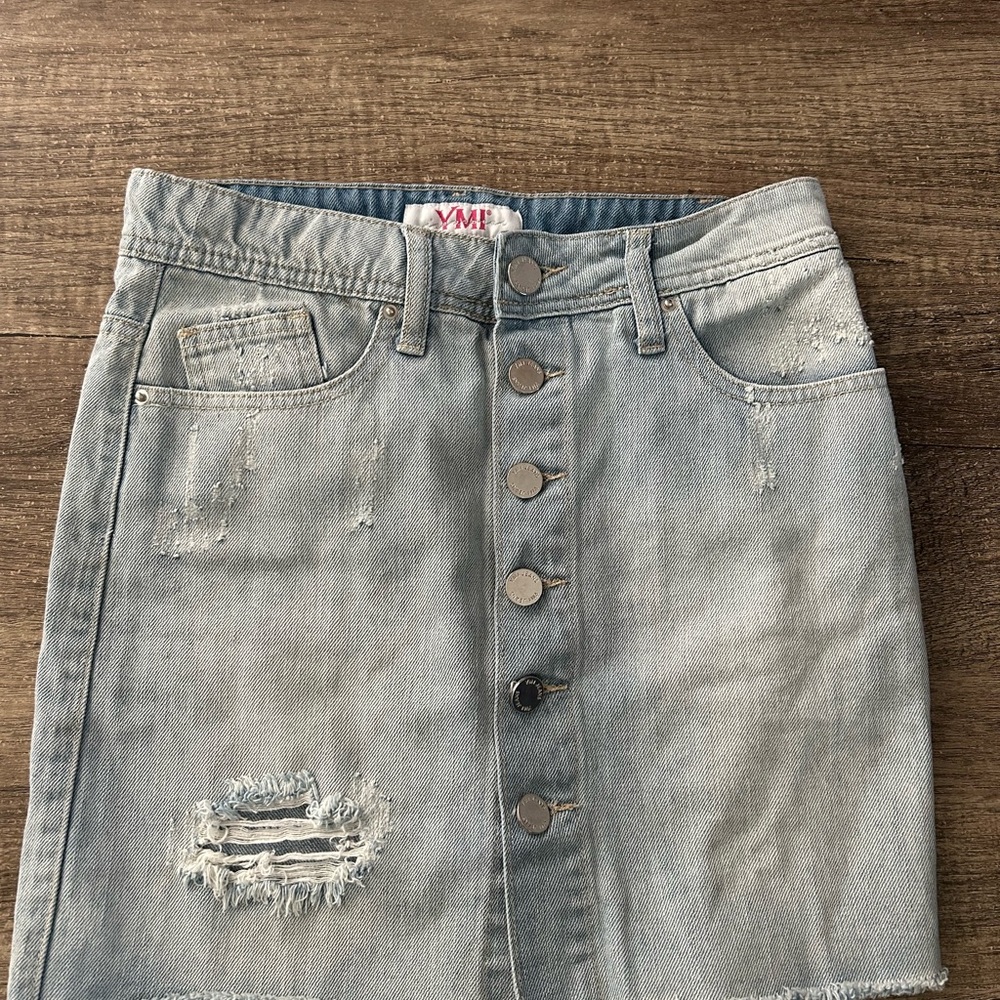 YMI Distressed Denim Button-Up Skirt
